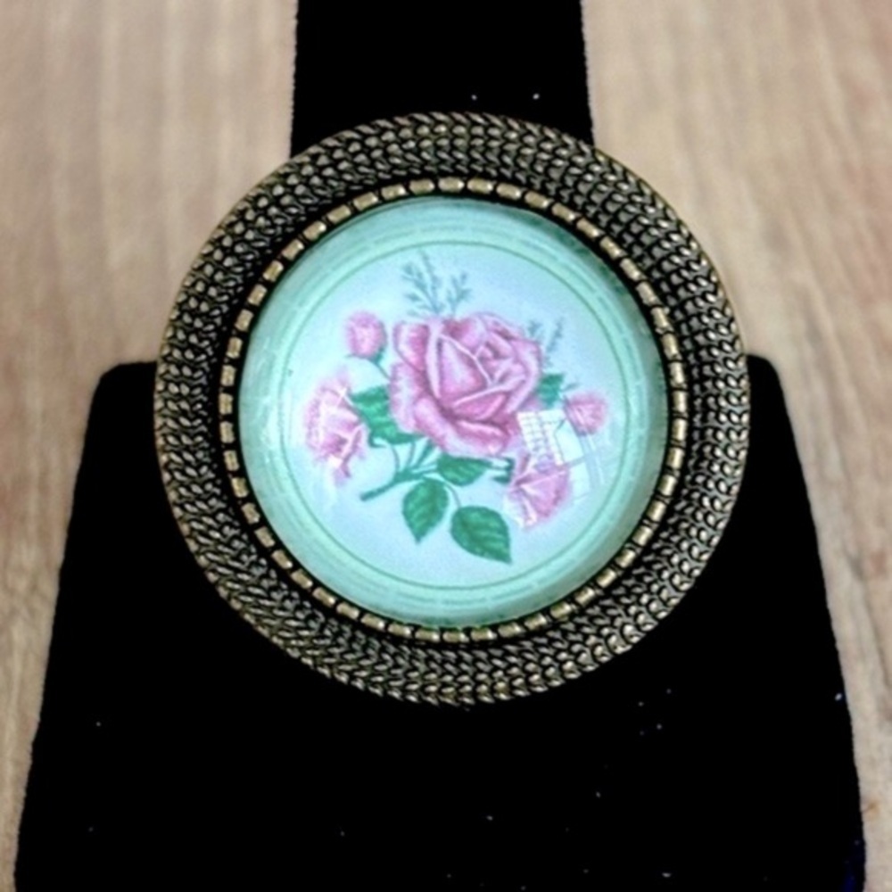 Vintage Style Rose Print Adjustable Ring, NWT, Handmade